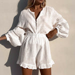 Simple Lantern Sleeve Shirt Shorts Solid Color Ruffled Suit Wholesale Womens Clothing