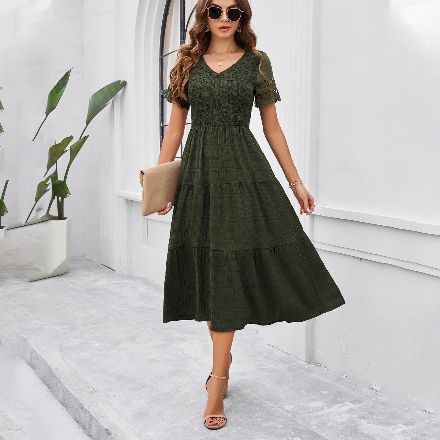 Solid Color Short Sleeve V-Neck Dresses Wholesale Womens Clothing N3824040700279