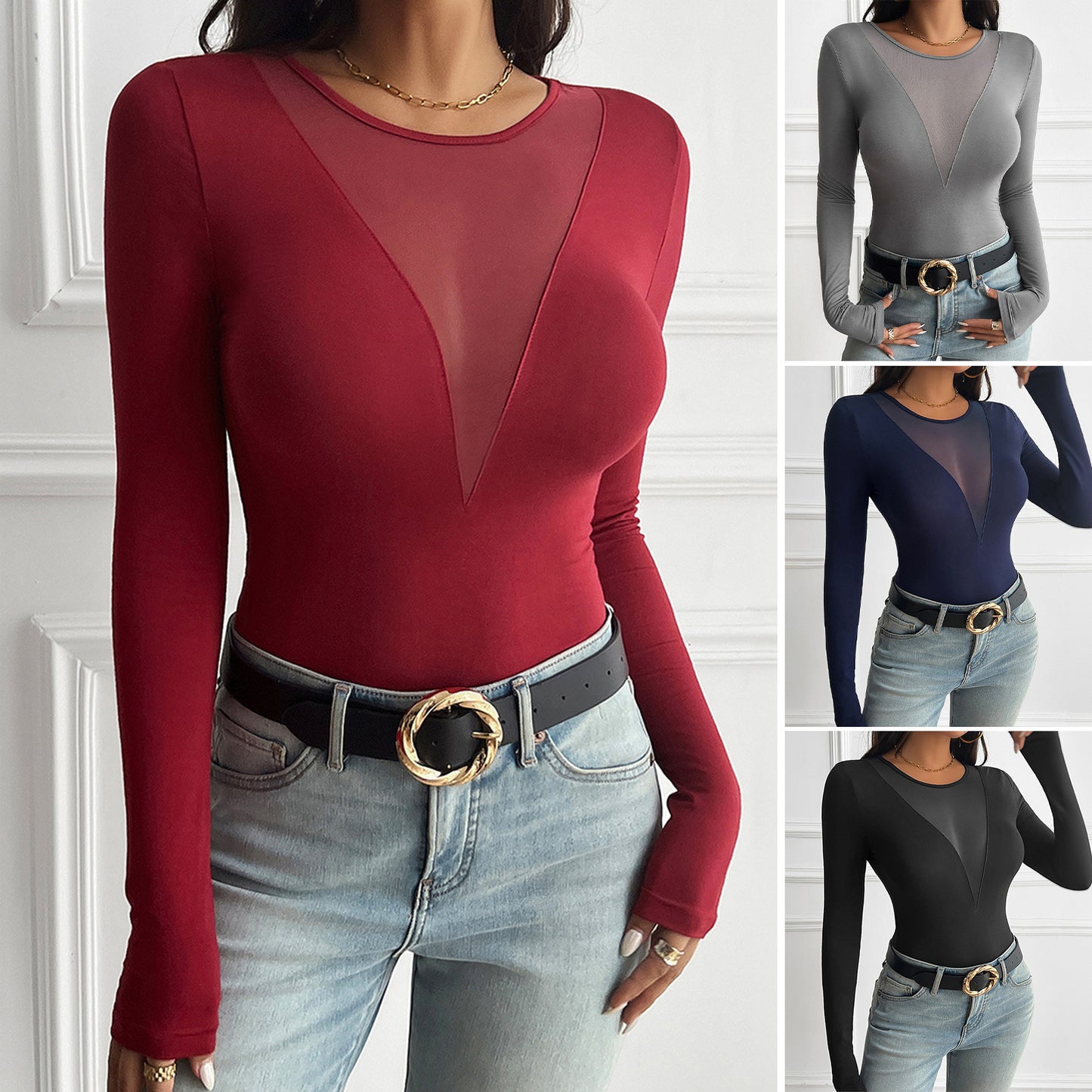 Sexy Stitching Tops Solid Color Long-Sleeved T-Shirts Wholesale Womens Clothing N3824090300022