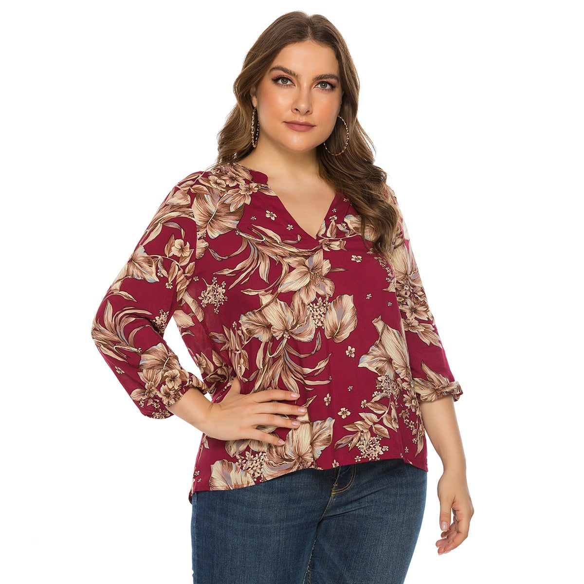 Plus Size Shirts Long Sleeve V-Neck Printed Rayon Tops Wholesale Womens Clothing N3824080300018