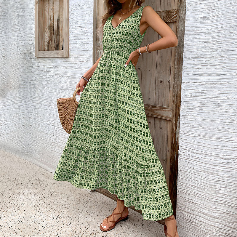 Summer Rhombus Print Sleeveless Maxi Dresses Wholesale Womens Clothing N3824062800034