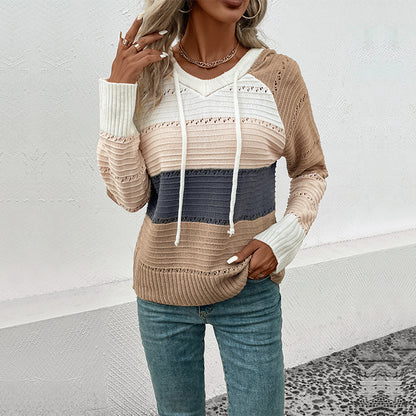 Long Sleeve Colorblock Hooded Knitted Sweater Wholesale Womens Clothing N3824082900020