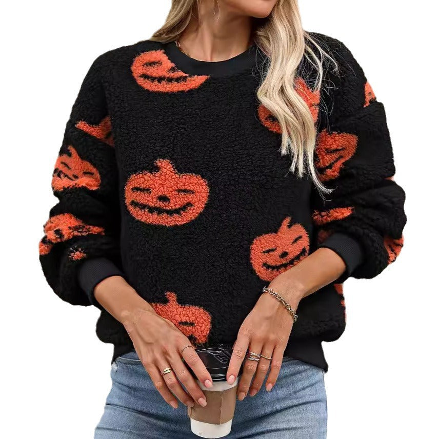 Halloween Printed Plush Loose Pullover Sweatshirts Wholesale Womens Clothing N3824073100103