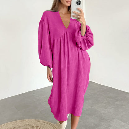 Puff Sleeve V-Neck Crepe Cotton Loose Casual Dresses Wholesale Womens Clothing N3824071000003