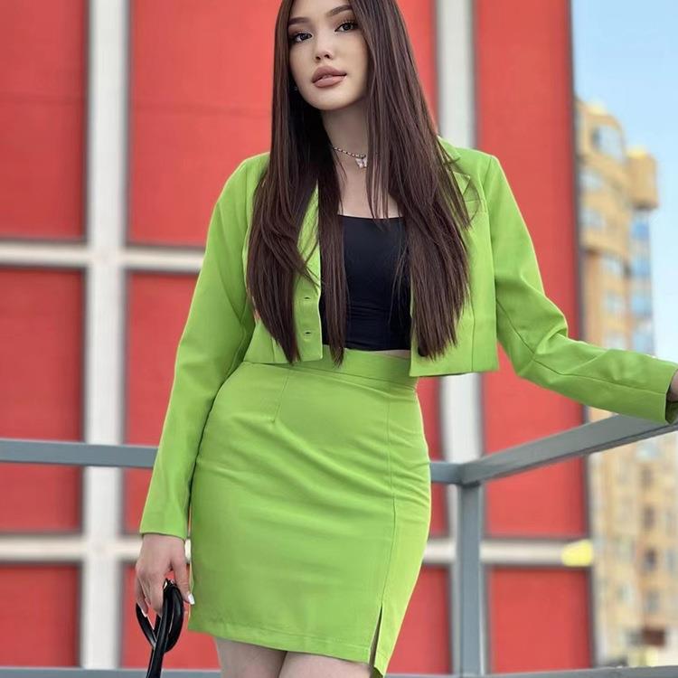 Fashion Solid Color Long Sleeve Single Breasted Top And Hip Skirt Suit Set Wholesale Women'S 2 Piece Sets