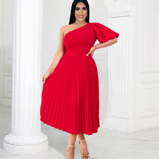 Casual Solid Color Bubble Sleeve Single Shoulder Diagonal Collar Pleated Dress Wholesale Dresses