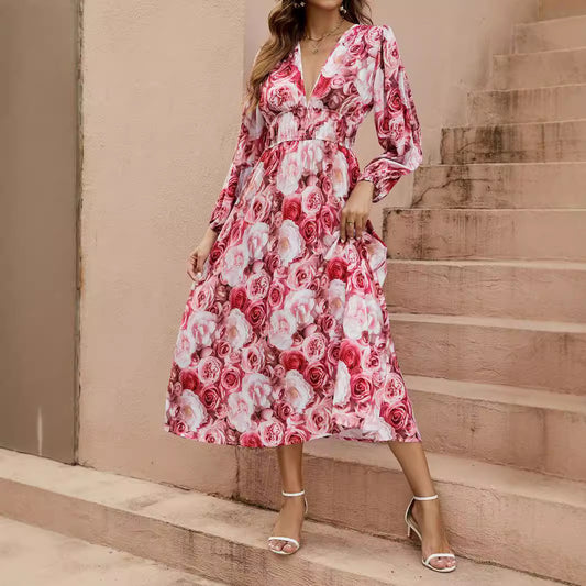 Rose Print Deep V Neck Dress with Waist and Lantern Sleeves Wholesale Womens Clothing N3824091000091