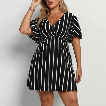 Plus Size Striped V-Neck Short Sleeve Waisted Dresses Wholesale Plus Size Womens Clothing N3824052500001