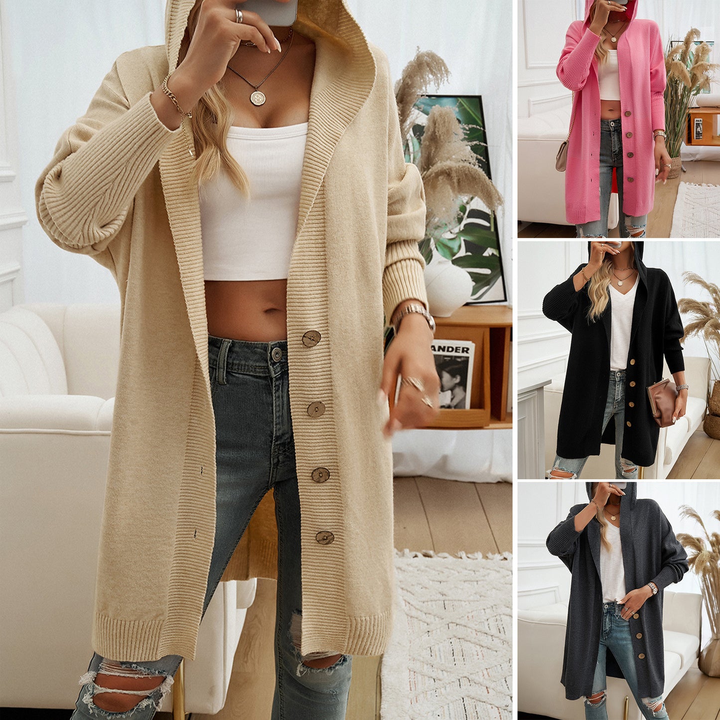 Casual Loose Cardigan Button-Down Hooded Sweater Jackets Wholesale Womens Clothing N3824073100086