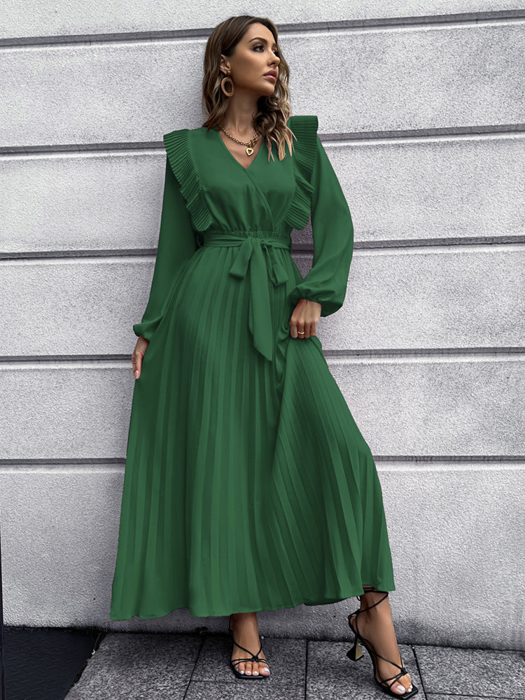 V-Neck Swing Pleated Maxi Dresses Wholesale Womens Clothing N3824062100033