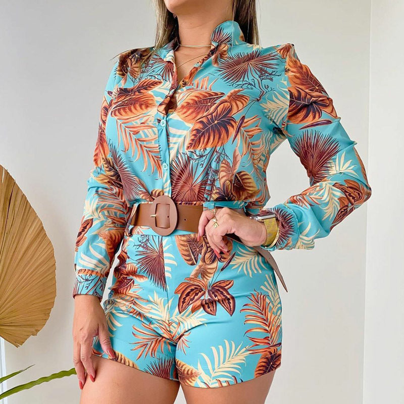 Fashionable Floral Print Long-Sleeved Shirt Shorts Women's Two-Piece Set Wholesale Womens Clothing N3823120800039