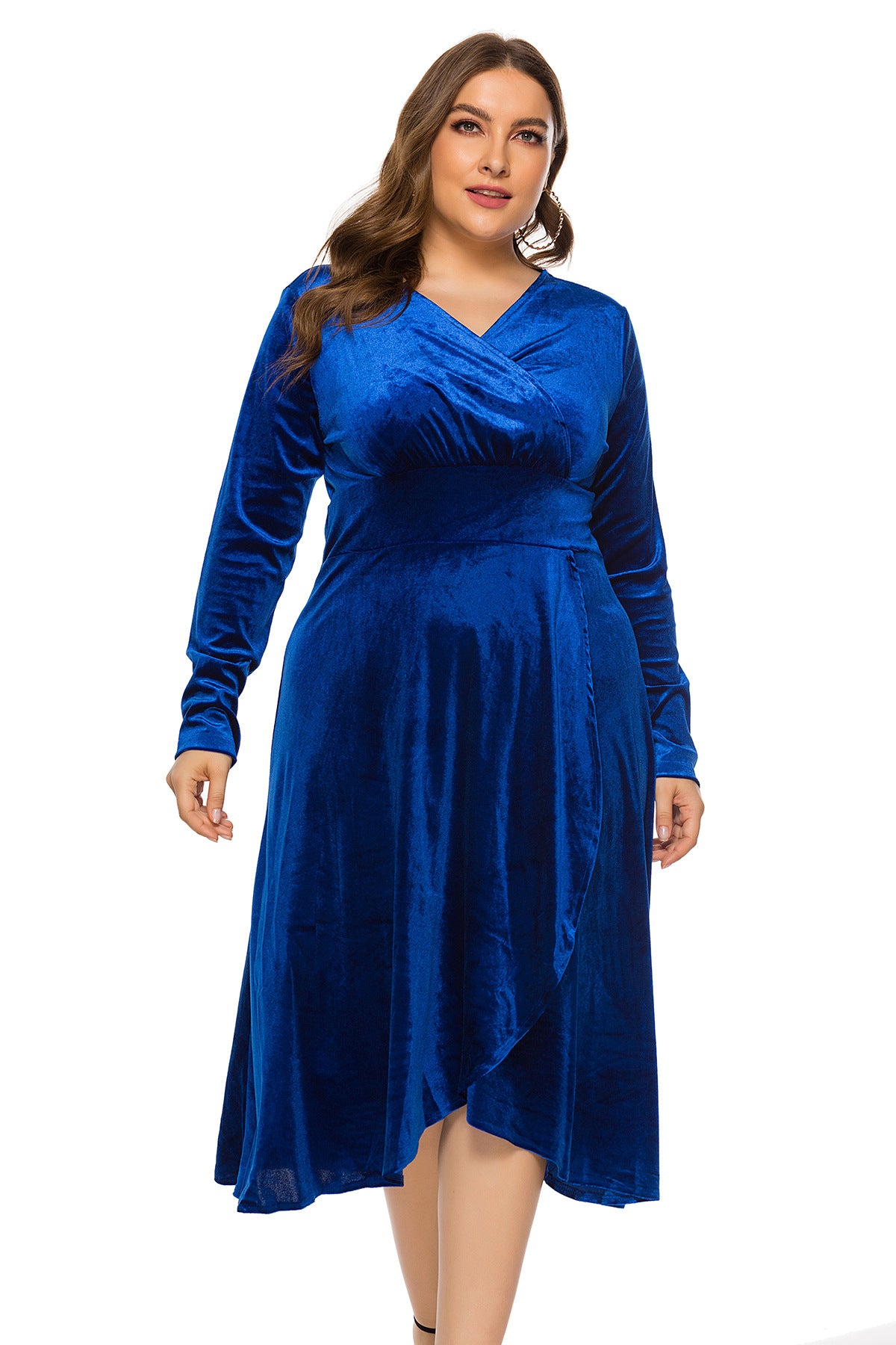 Plus Size Long Sleeve V Neck Velvet Tuxedo Dress Wholesale Womens Clothing N3824080300017