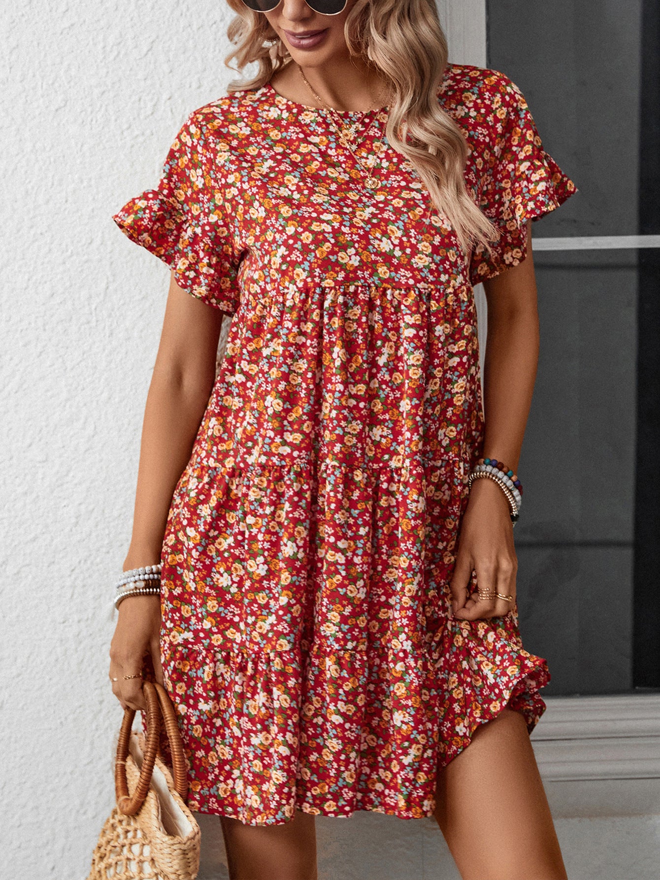 Women's Leopard Print Floral Round Neck Casual Loose Dress Wholesale Womens Clothing N3824010500018