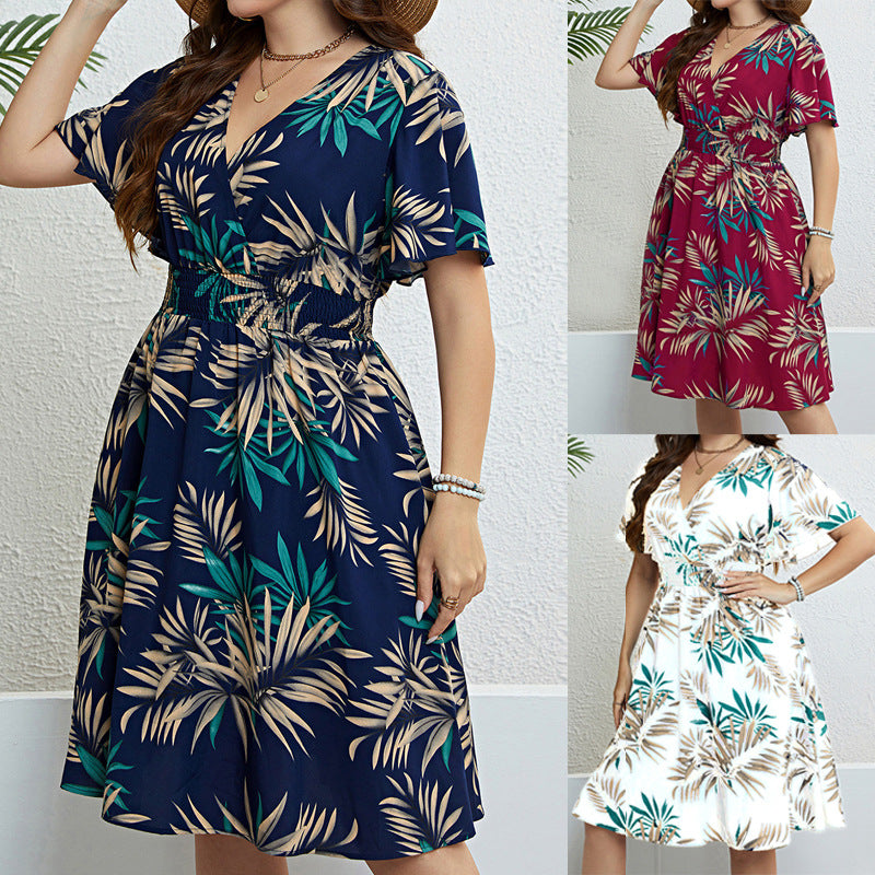 Plus Size V-Neck Wrap Waist Slimming Short Sleeve Dresses Wholesale Plus Size Womens Clothing N3824052500008