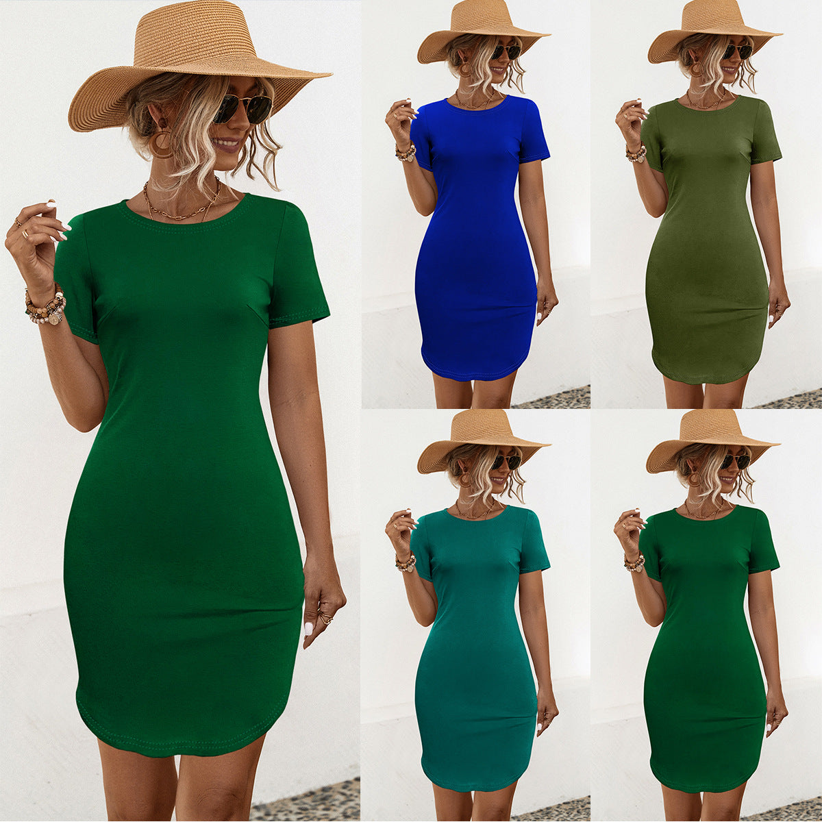 Solid Color Short Sleeve Slim Split Bodycon Dresses Wholesale Womens Clothing N3824050700108