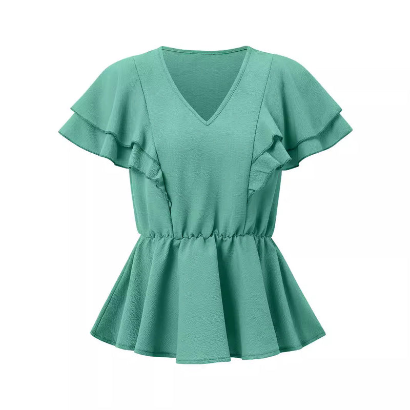 V-Neck Ruffled Solid Short-Sleeved Waist Tops Wholesale Womens Clothing N3824041600049