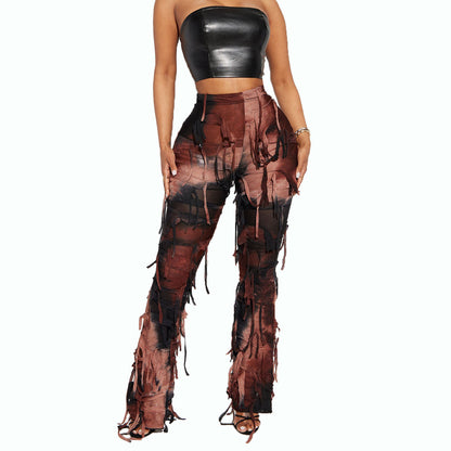 Fashion Tie-Dye Tassel High Waist Slim Fit Pants Wholesale Womens Clothing N3824083000017