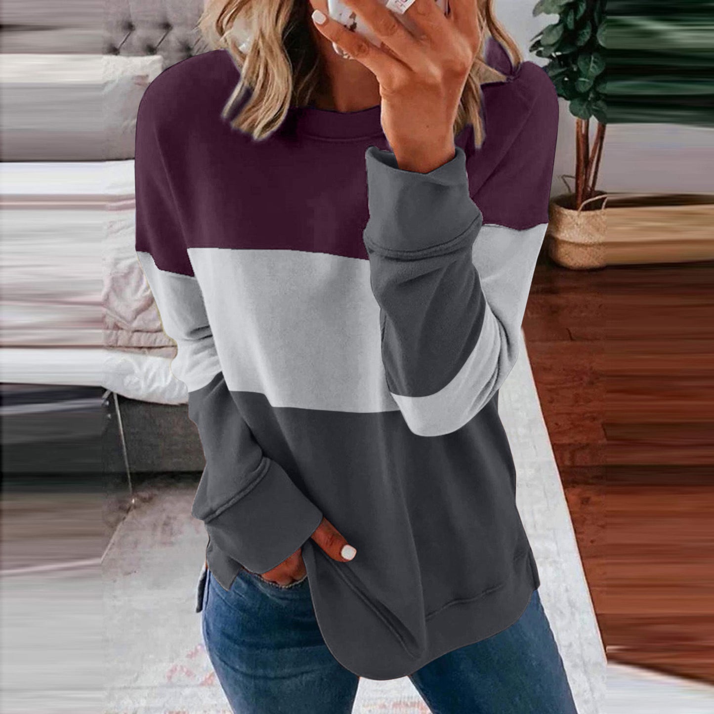 Patchwork Clash Top Drop Shoulder Long Sleeve Casual Pullover Sweatshirt Wholesale Womens Tops N3824091200004