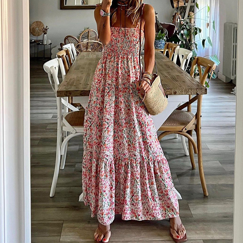 Sexy Floral Print Square Neck Boho Sling Dress Wholesale Dresses