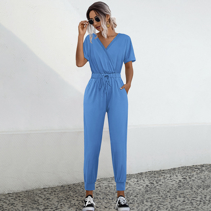 Sexy V-Neck Short Sleeve Crossover Jumpsuit Wholesale Womens Clothing N3824050700097