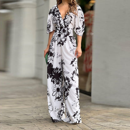 Sexy V-Neck Flower Print Bat Sleeve Jumpsuit Wholesale Jumpsuits