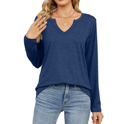 V-Neck Long Sleeve Loose T-Shirts Solid Color Tops Wholesale Womens Clothing N3824072900064