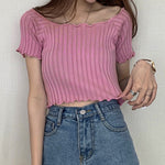 Fashion Solid Color Short Sleeve Ribbed Slim Thin Tops Wholesale Womens Tops