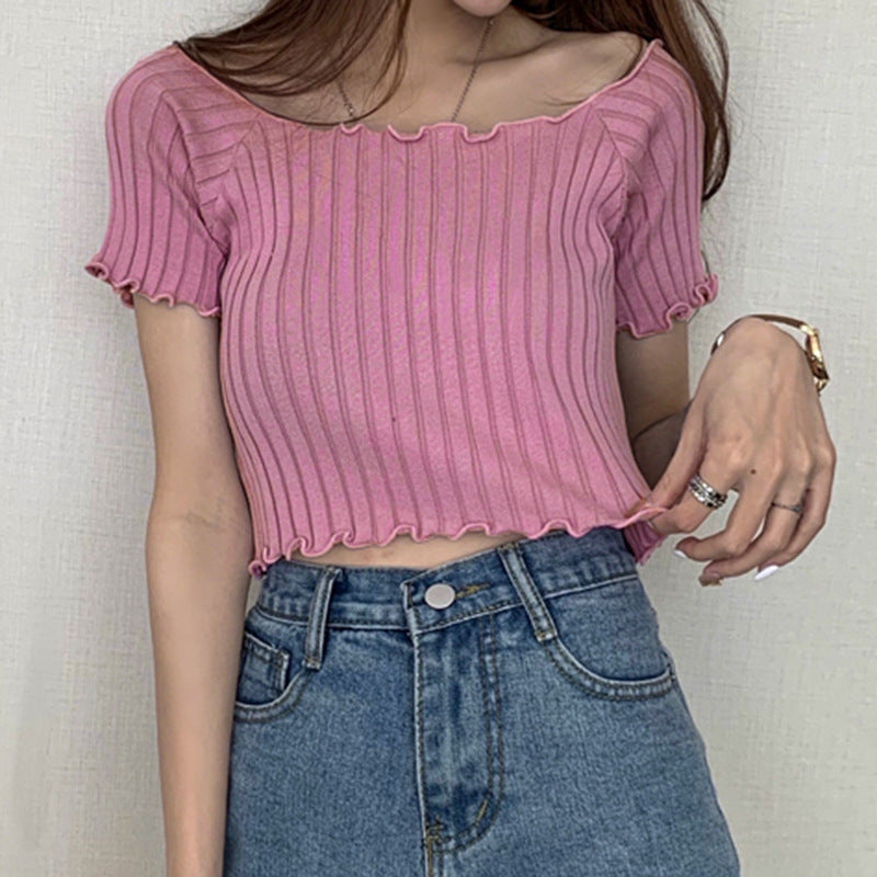 Fashion Solid Color Short Sleeve Ribbed Slim Thin Tops Wholesale Womens Tops