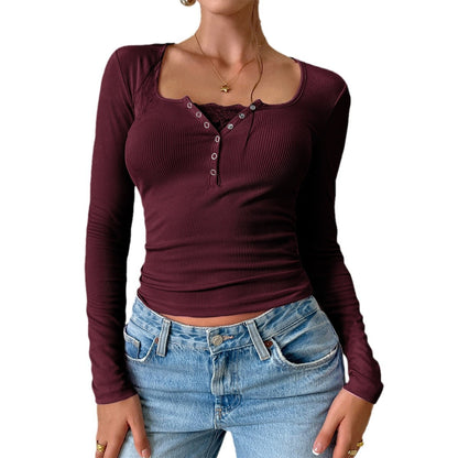 Slim Fit Lace Button U Neck Ribbed Tops Wholesale Womens Clothing N3824111300001