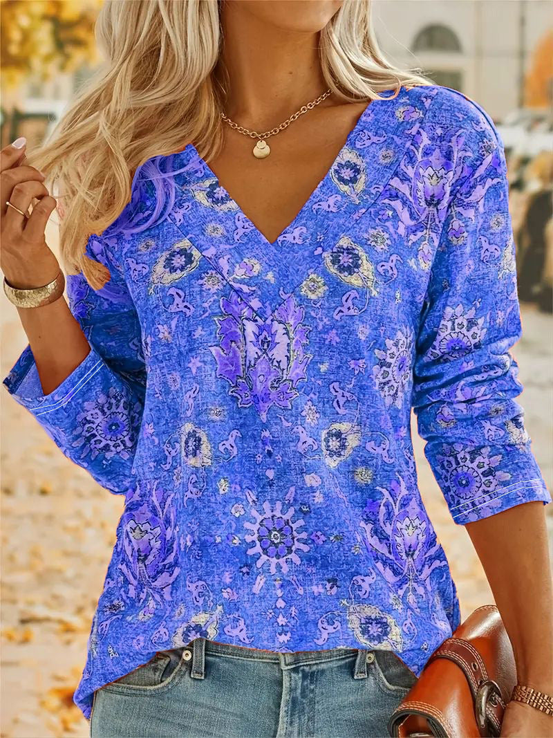 Spring and Autumn Floral V Neck Long Sleeve Plus Size T-Shirts Wholesale Womens Clothing N3824091200025