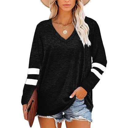 Solid Color V-Neck Striped Long-Sleeved Loose T-Shirts Wholesale Womens Clothing N3824082900033