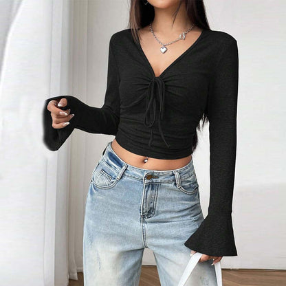 V Neck Flare Sleeve Tee Solid Color Long Sleeve Crop Tops Wholesale Womens Clothing N3824070500023