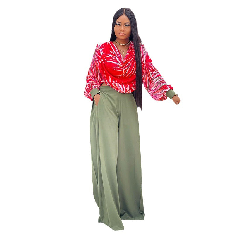 Designed Lantern Sleeve Shirt And Wide-Leg Trousers Wholesale Womens 2 Piece Sets N3823100900063