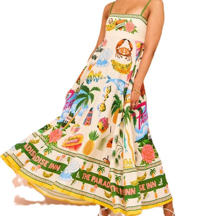 Sexy Halter Graffiti Cotton Linen Printed Hem Dress Wholesale Womens Clothing N3824040700321