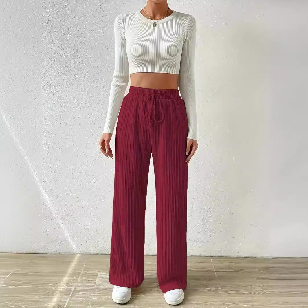 Textured Knit Wide Leg Pants High Waist Solid Color Straight Pants Wholesale Womens Clothing N3824080900024