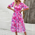 Women's Elegant Printed Waist V-Neck Maxi Dresses Wholesale Womens Clothing N3824011000073