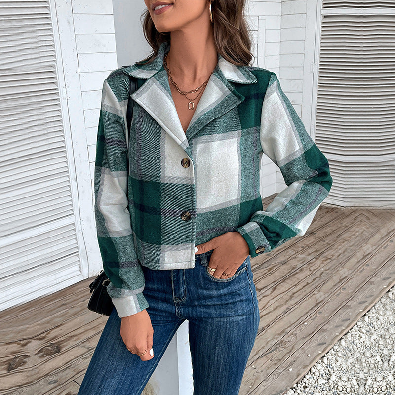 Fall Long Sleeve Cropped Lapel Plaid Jackets & Coats Wholesale Womens Clothing N3824080900018