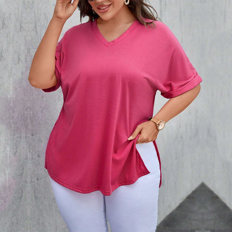 Wholesale Women Plus Size Clothing V-Neck Loose Casual Slit Solid Color Short-Sleeved T-Shirt Top