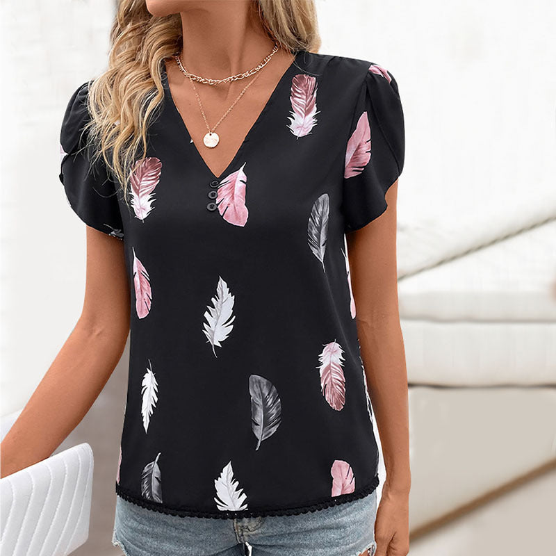 V-Neck Feather Print Shirts Wholesale Womens Clothing N3824042900068