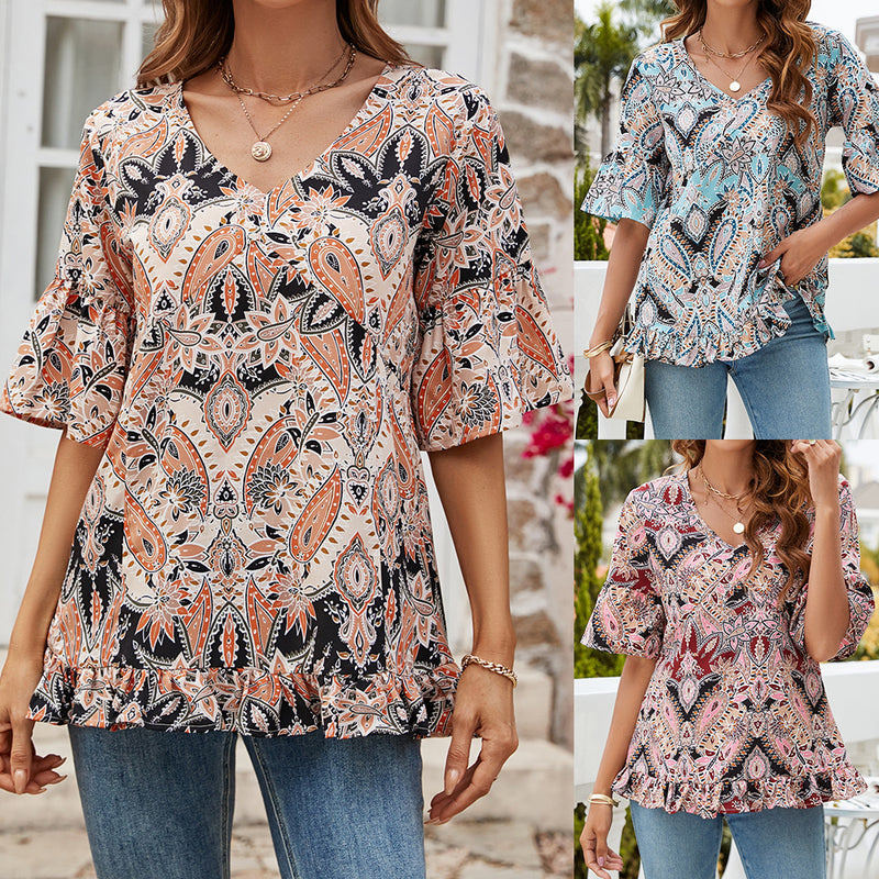 Women's V-Neck Printed T-Shirt Casual Bell Sleeve Top Wholesale Womens Clothing N3824010500009