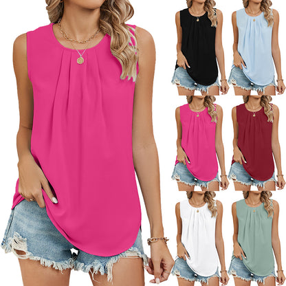 Pleated Crew Neck Sleeveless Tops Chiffon Tank Tops Wholesale Womens Clothing N3824052000077