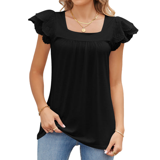 All-Match Solid Color Stitching Square Collar Petal Short-Sleeved Top Wholesale Women'S Top N4623052500033