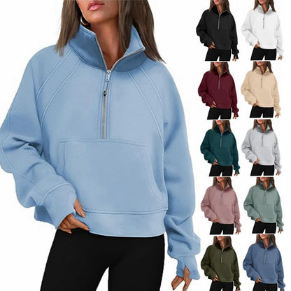 Fleece Sweatshirt with Half Zipper Short Stand Collar Wholesale Womens Clothing N3824070900007