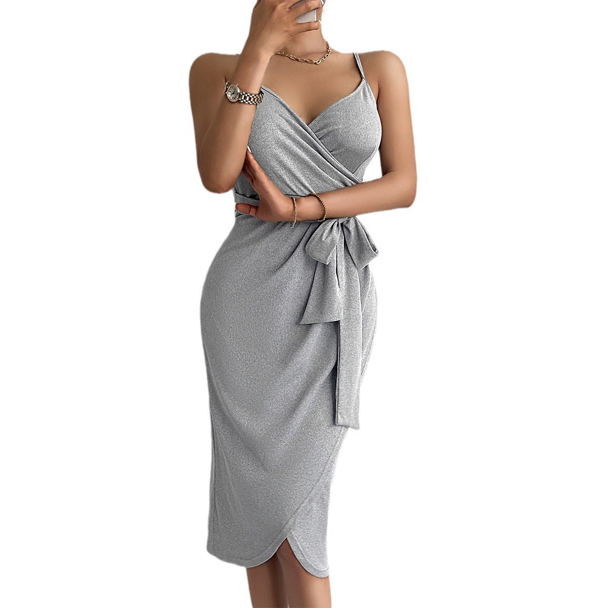 V-Neck Solid Color Fitted Sling Dresses With Belt Wholesale Womens Clothing N3824071500009