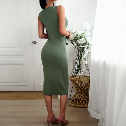 Knotted Round Neck Fork Slim Sleeveless Dress Wholesale Dresses