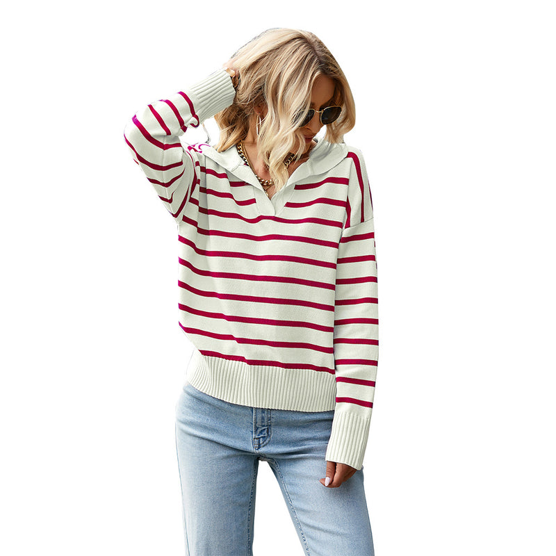 Casual Long Sleeve V-Neck Striped Sweater Wholesale Womens Tops