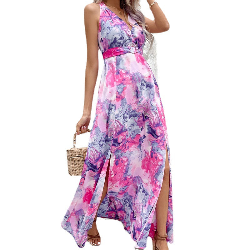 Slim Fit Sleeveless Slit Print V-Neck Dress Wholesale Dresses