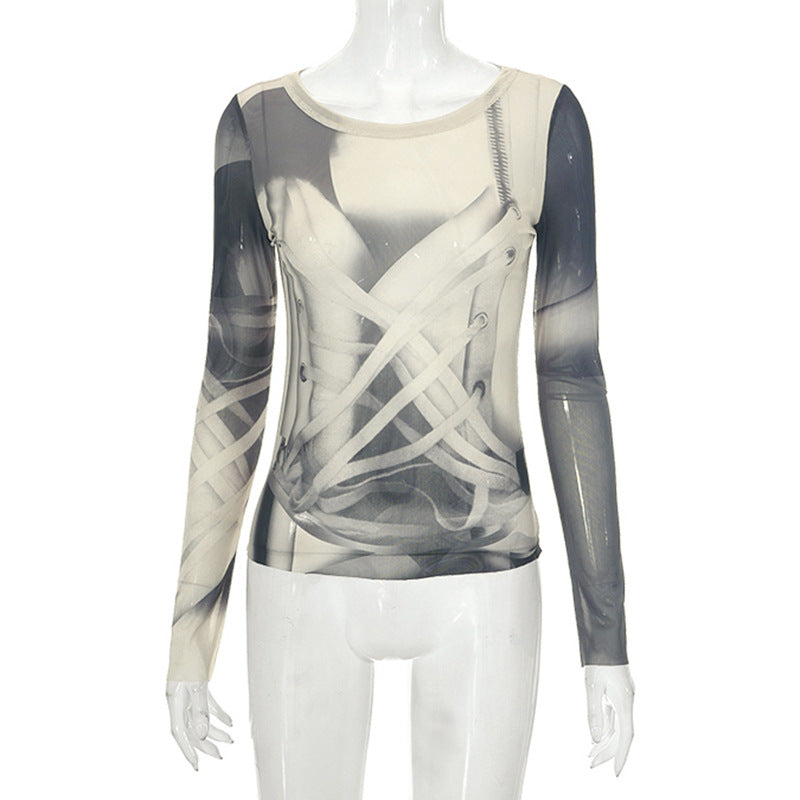 Sexy Round Neck Long-Sleeved Slightly Transparent Mesh Collision Color Printing Top Wholesale Womens Tops