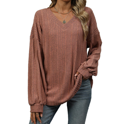 Solid Color V-Neck Loose Long Sleeve Knitted Sweater Wholesale Womens Clothing N3824091200015