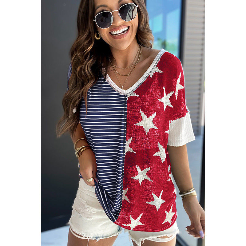Independence Day Knitted Stitching Stripe Star Print Short-Sleeved Top Wholesale Women'S Top